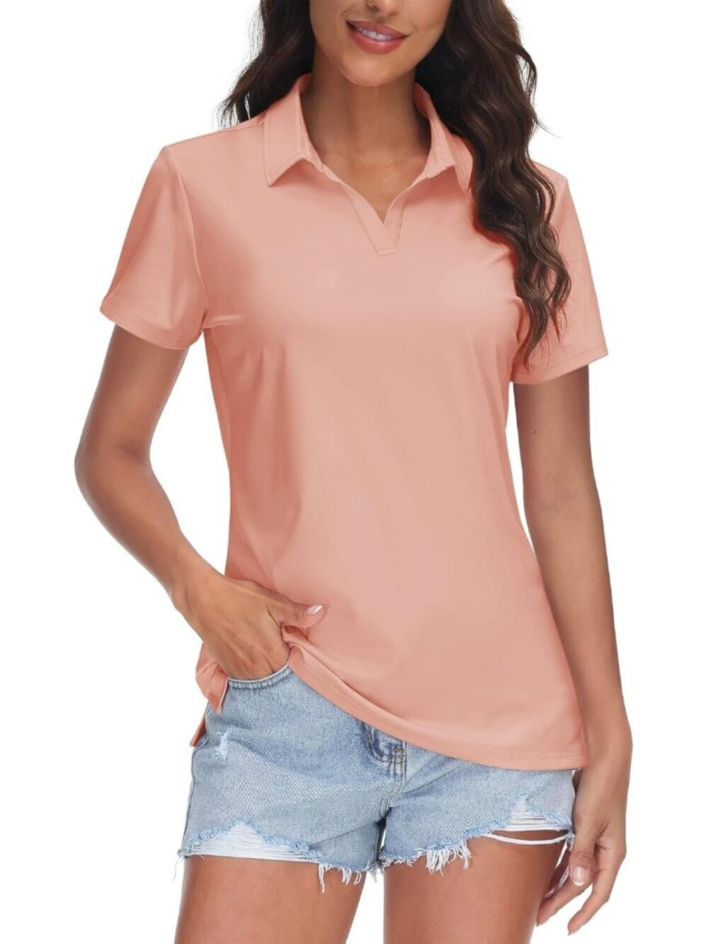 Women's 14-aprico V-Neck Polo Shirt UPF 50+ Quick Dry Sun Protection Top for gym